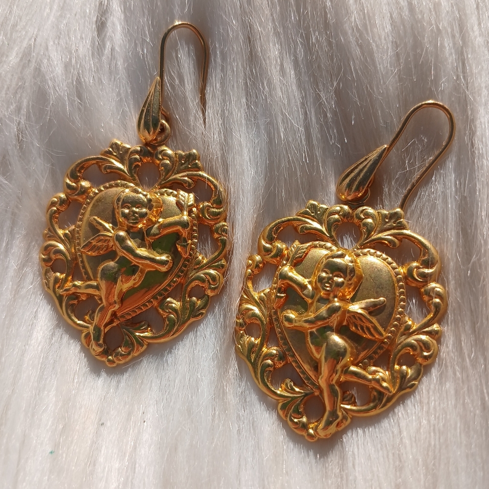 Vintage Cherub Heart Dangle Earrings Gold Tone Victorian Dangly Cherubs Jewelry
